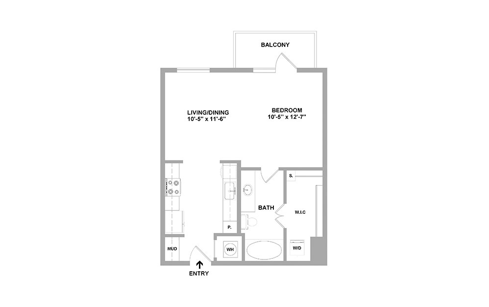 S1 - Studio floorplan layout with 1 bath and 572 square feet. (Franklin A)