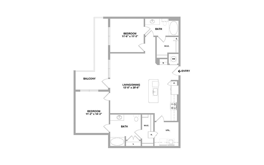 B3A - 2 bedroom floorplan layout with 2 baths and 1228 square feet.